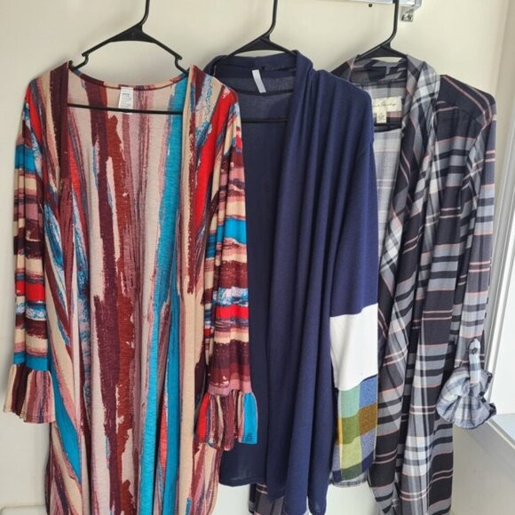 Bundle of 3 Open Front Tops 3X Cardigan Plaid Stripe Casual Comfy Flowy Wrap - Picture 1 of 10